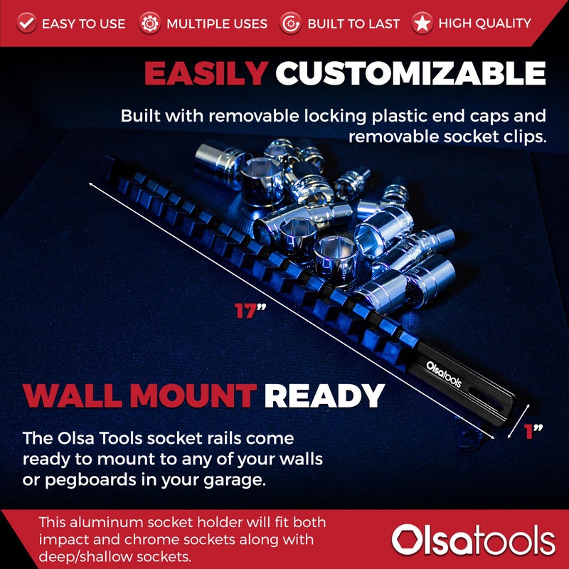 Olsa Tools 1/2-Inch Drive Aluminum Socket Organizer with Locking End Caps | Professional Quality Socket Holder (BLACK) - Image 3